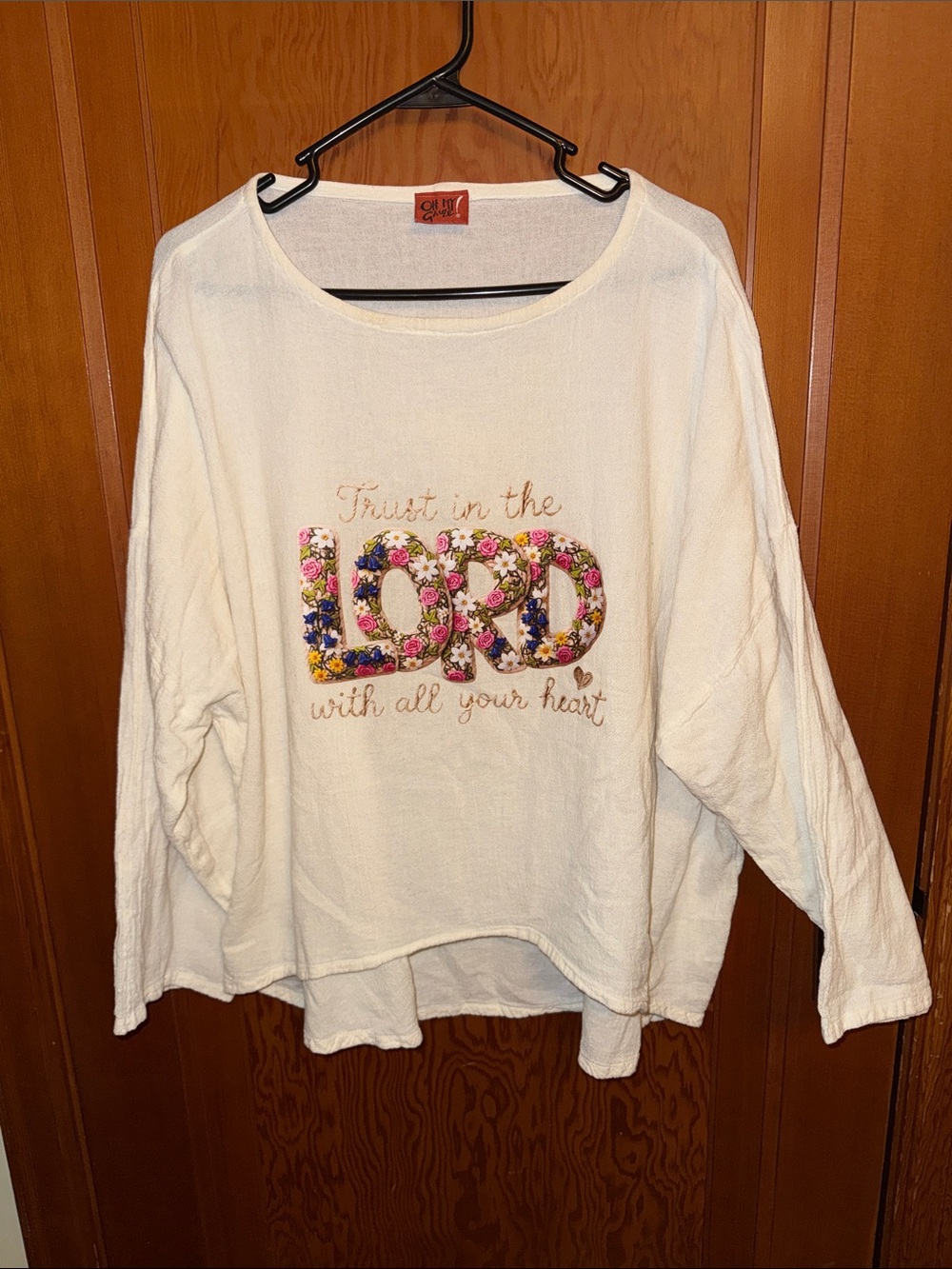 Oh My Gauze! Cream Long-Sleeve Top with Multicolor Floral 'LORD' Embroidery